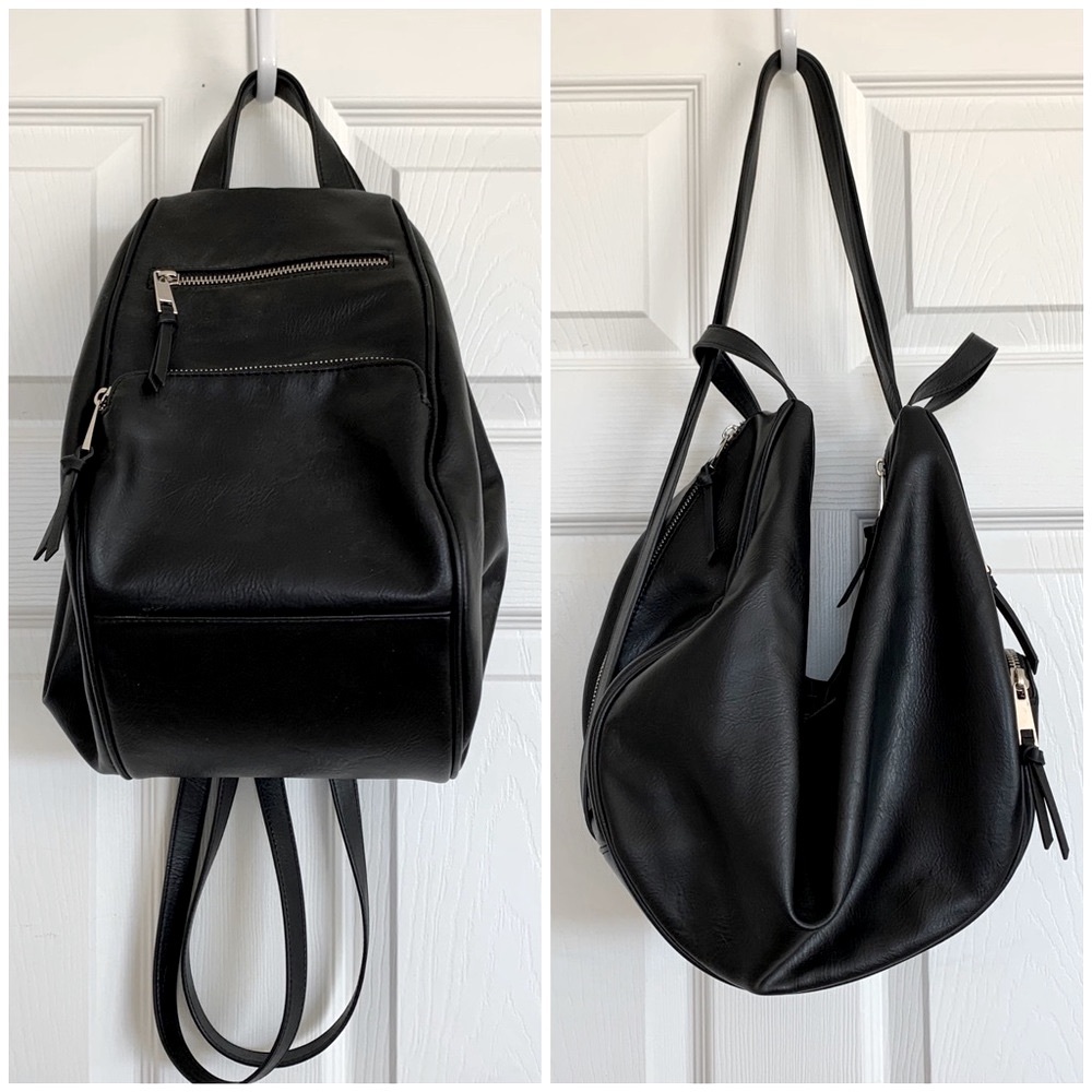 Black Convertible Leather Backpack Hobo Shoulder Bag
